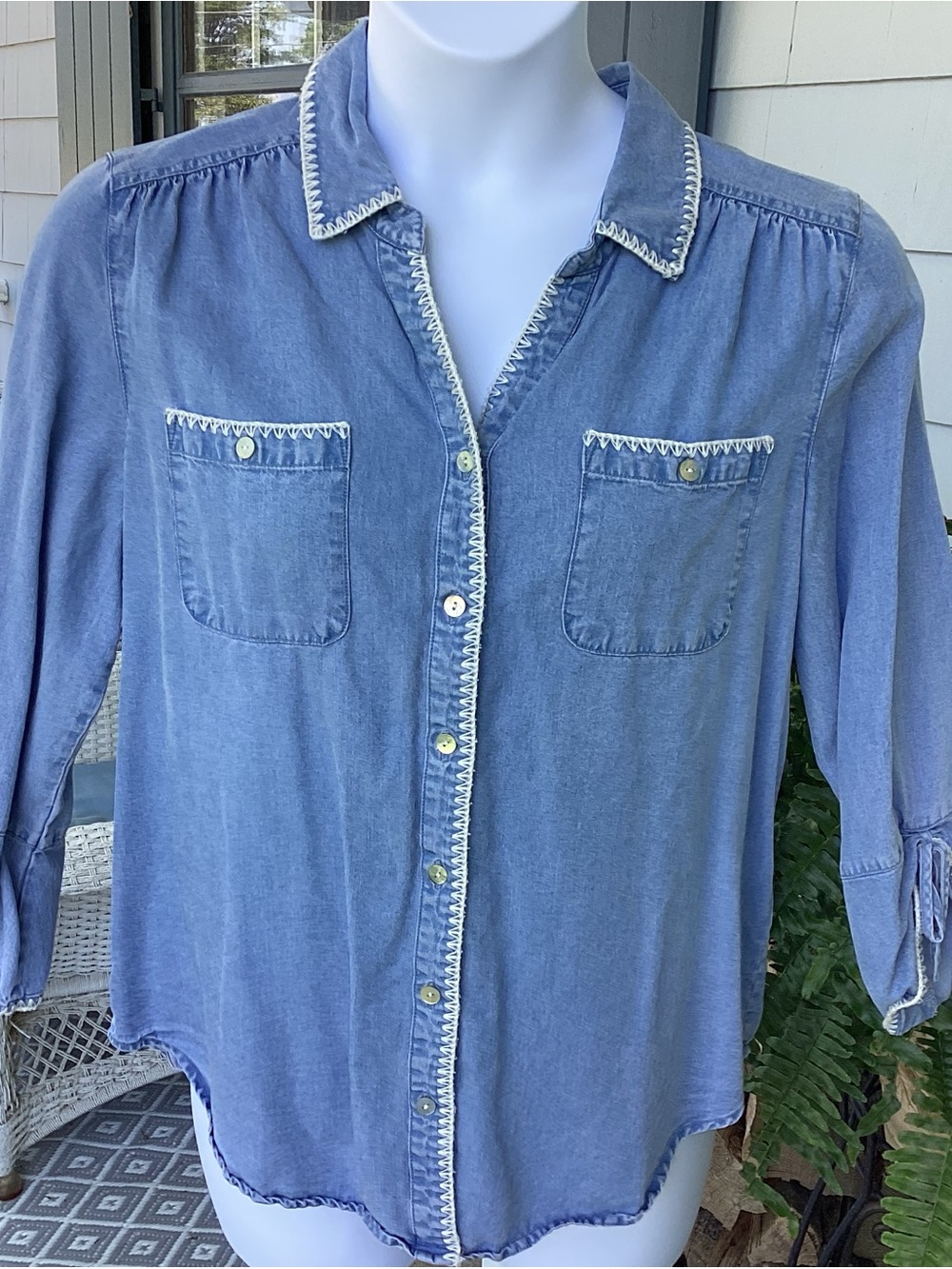 Alfred Dunner Blue Chambray Button-Down Shirt with White Trim